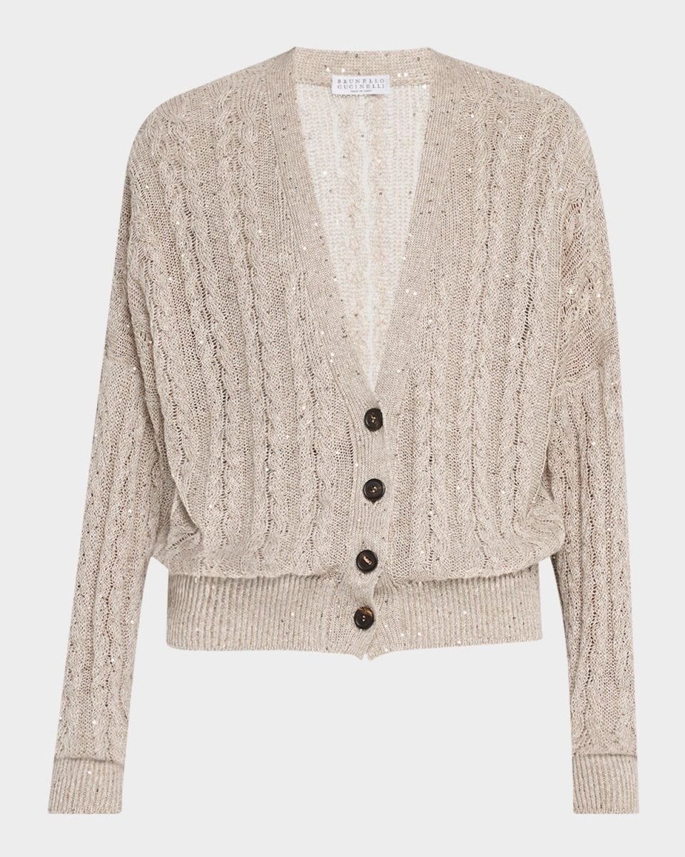 Linen Paillettes Cable-Knit Cardigan